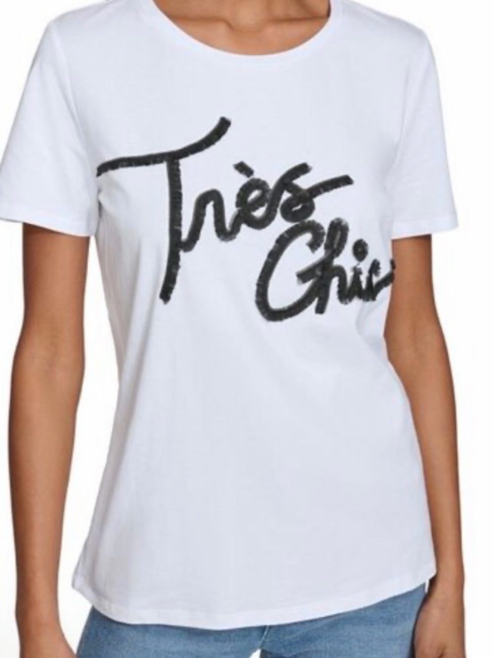 NWT Karl Lagerfeld White Short Sleeve Tee with Black "Très Chic" Script